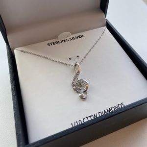 Diamond Sterling Silver Pendant Necklace in Music Note- New